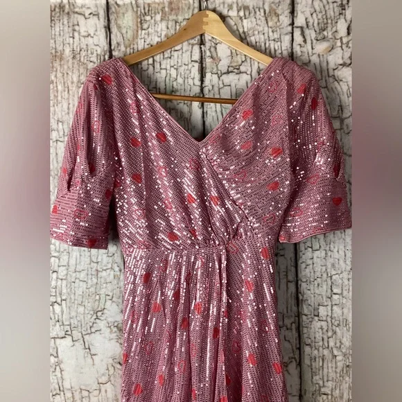Fairy Faeriesty Glam Pink Sequin Midi Dress Sparkle Luxury Luxe Hearts M - Picture 3 of 6
